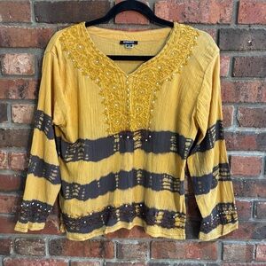 Krishma women’s embroidered tie dyed pullover top yellow L